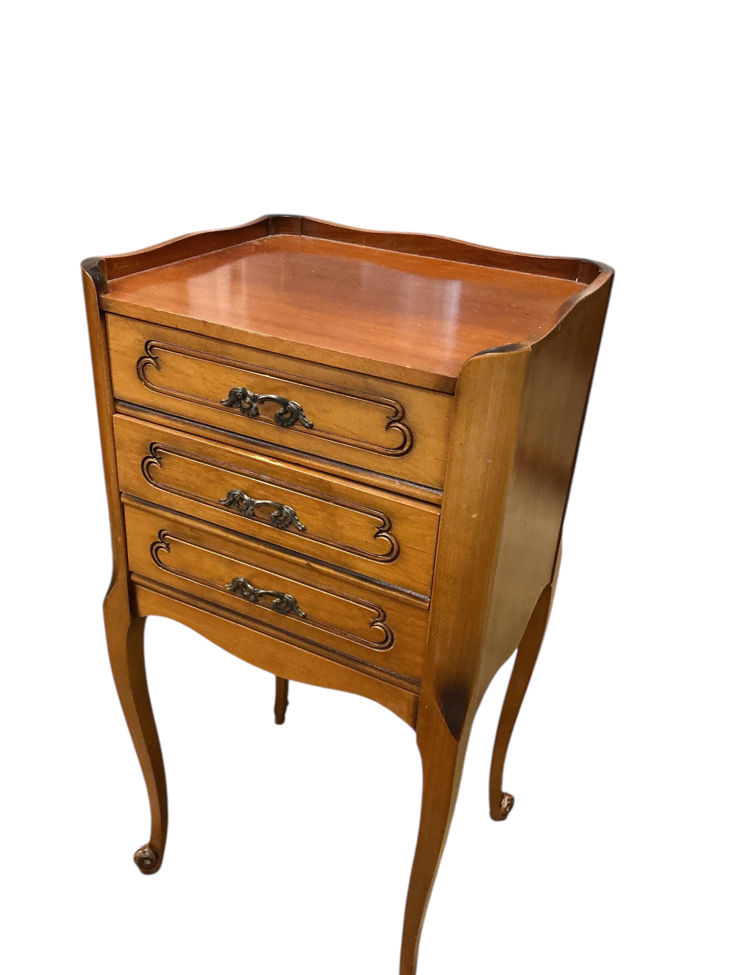 A pair of French cherry bedside tables, width 36cm, depth 31cm, height 70cm